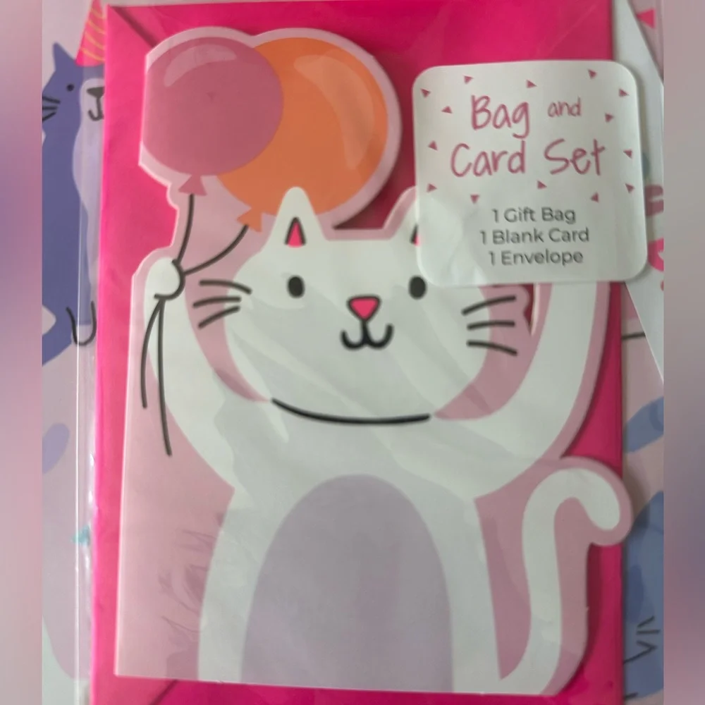 New Pack of 15 -Pink Birthday Cat Gift Bag and Card Set